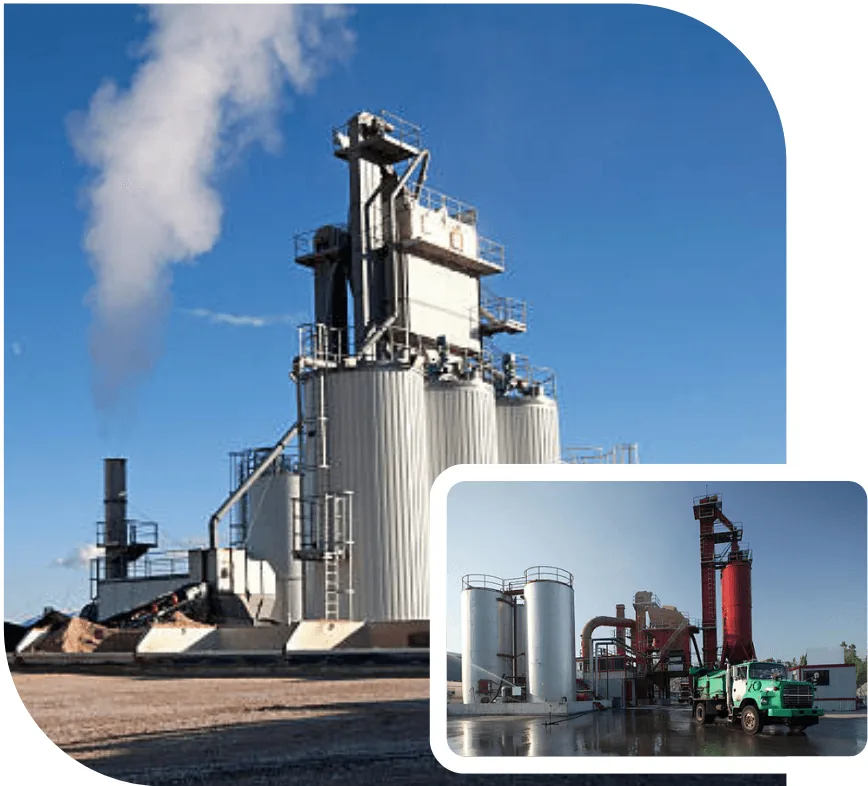 Asphalt batch plant with storage silos and mixing tower