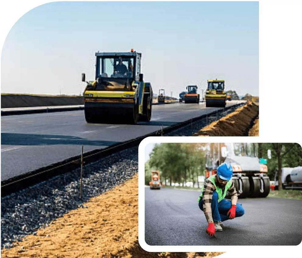 Paving crew and rollers laying fresh asphalt on a new road
